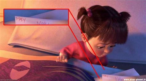 Monsters Inc Theres A Scene Where Boo Has A Pile Of Drawings On Her Bed With One Them