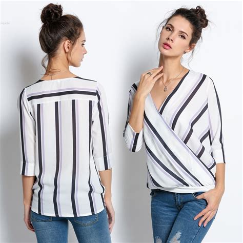 fashion women crossover deep v neck 3 4 sleeve striped t shirt tops in t shirts from women s