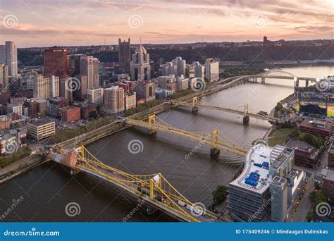 Aerial View Of Pittsburgh Pennsylvania Business District And River In