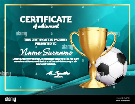 Soccer Certificate Diploma With Golden Cup Vector Football Sport