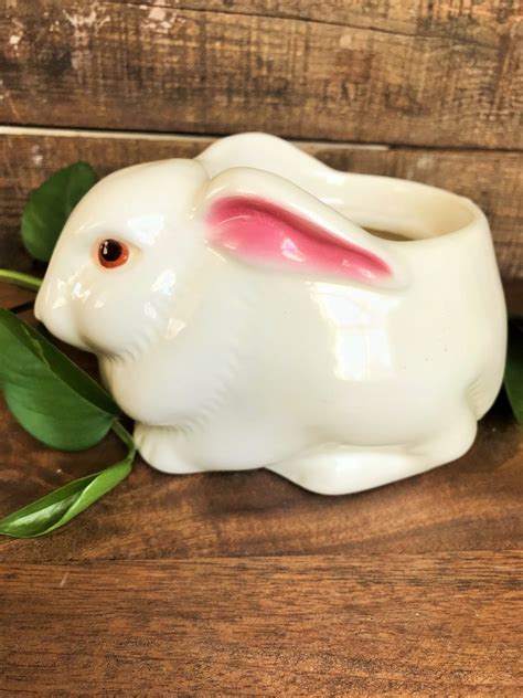 Bunny Planter Ceramic Rabbit White And Pink Handcrafted Etsy