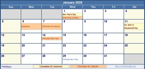 January 2025 Canada Calendar With Holidays For Printing Image Format