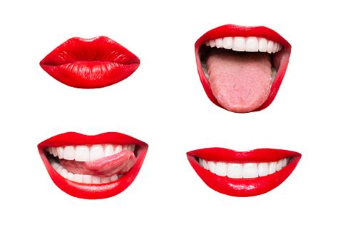 Womans Mouths With Red Glossy Lips Smiling Showing Tongue Kissing Isolated On A White Background