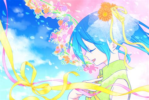 Blue Hair Clouds Flowers Hatsune Miku Petals Ribbons Sky Vocaloid Yuuno