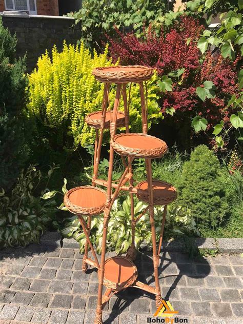 Wicker Flower Stand Tall Plant Stand For 6 Flowerpots Mid Etsy
