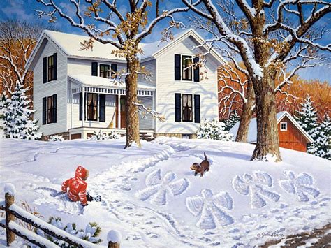 John Sloane Angels In The Snow Winter Art Old Farmhouse Country Art
