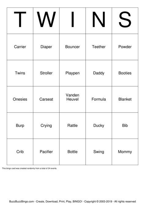 Twins Bingo Cards To Download Print And Customize