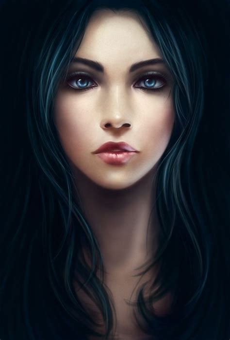 A Womans Face With Long Black Hair And Blue Eyes Is Shown In This