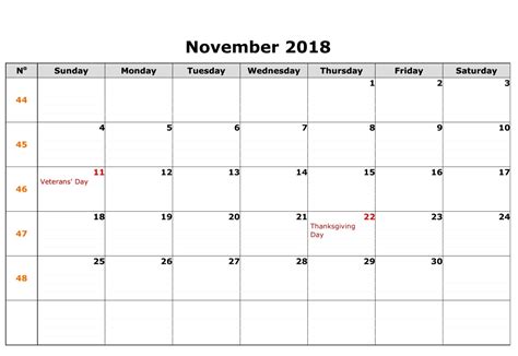 November 2018 Calendar Usa With Holidays Holiday Calendar November