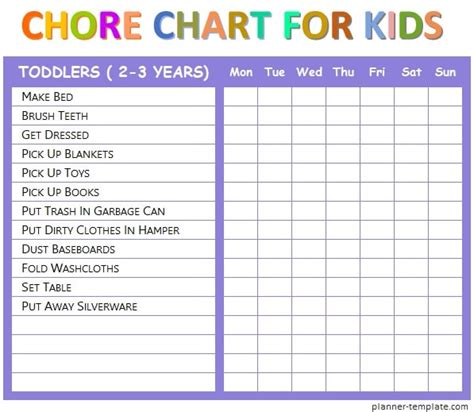 Printable Colorful Weekly Chore Chart Template For 2 3 Years Kids Baby
