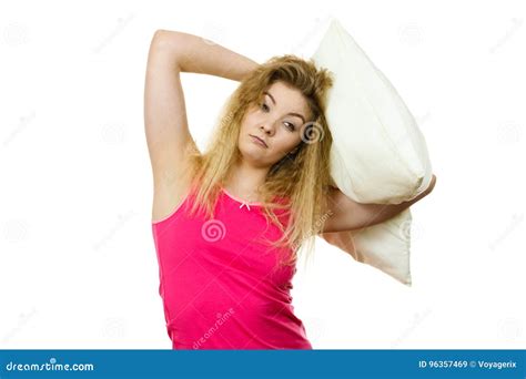 Sleepy Woman Hugging White Pillow Stock Image Image Of Holding