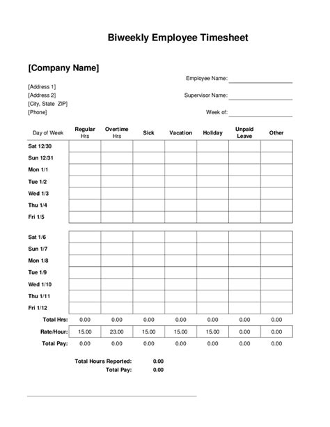 Biweekly Time Sheets With Sick Leave And Vacation Word Templates