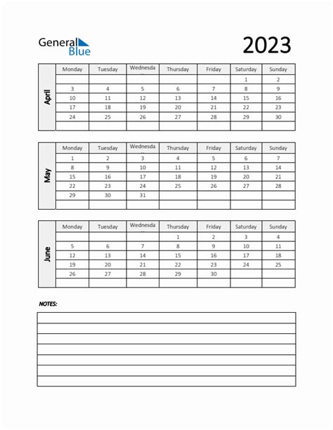 Q2 2023 Calendar Template With Notes In Pdf Word And Excel