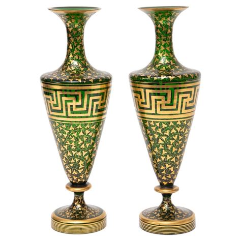 Pair Green Gold 19th Century Crystal Vases Greek Key Design Attributed Moser For Sale At 1stdibs