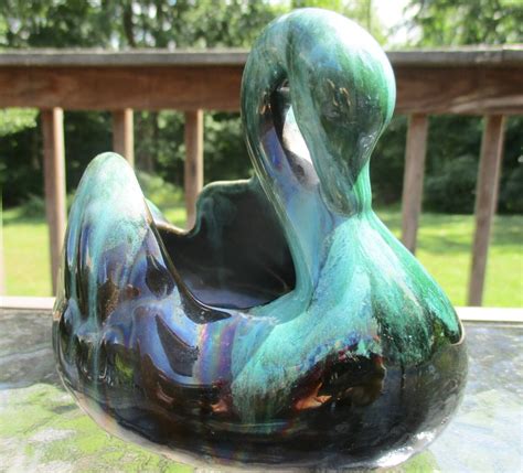 Vintage Blue Mountain Pottery Swan Planter Blue Green Black Drip Glaze