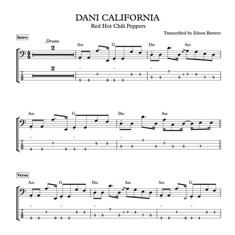 Dani California Red Hot Chili Peppers Bass Transcription Score And Tab