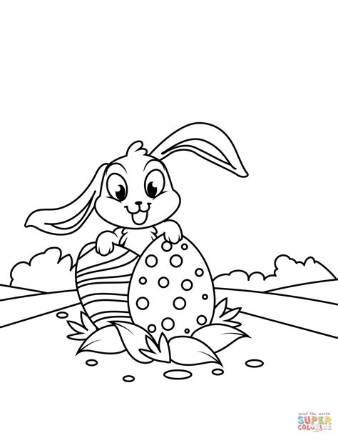 Cute Bunny With Two Easter Eggs Coloring Page Free Printable Coloring