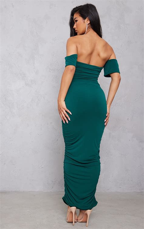 Emerald Green Bardot Double Layer Slinky Ruched Midaxi Dress Prettylittlething Usa