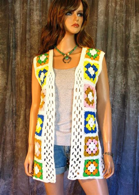 Vintage S Crocheted Granny Square Vest Hippie Boho Granny Square