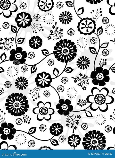 Black And White Flowers Seamless Repeat Pattern Stock Vector