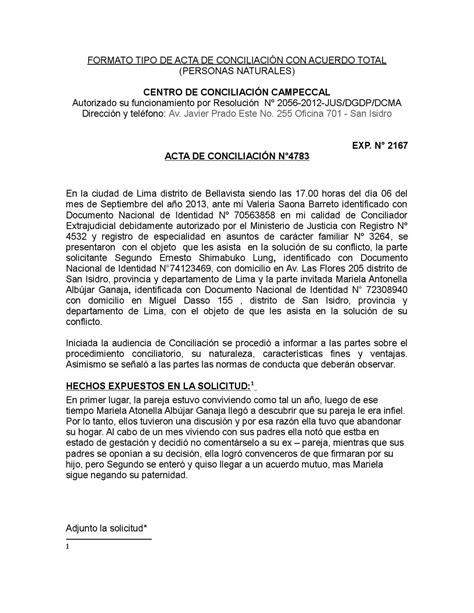 Formato Tipo De Acta De Conciliaci N Con Acuerdo Total By Valeria Saona