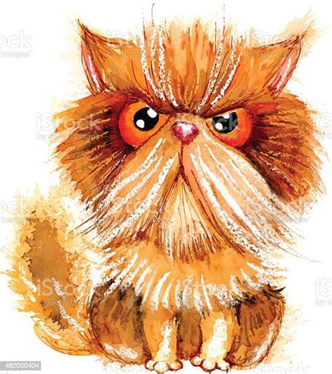 Vector Hand Drawn Watercolor Grumpy Persian Cat Stock Illustration