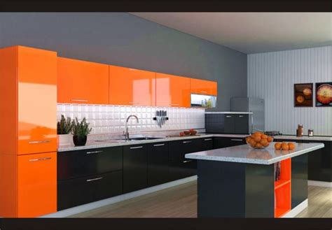 konsep terbaru dapur minimalis warna orange