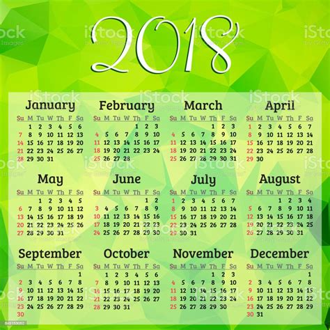 Vector Calendar 2018 Year With Green Abstract Background Week Starts