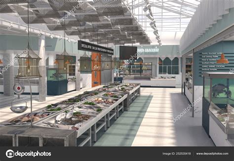 Interior Shop Fresh Fish Seafood Render Design Project Fish Market