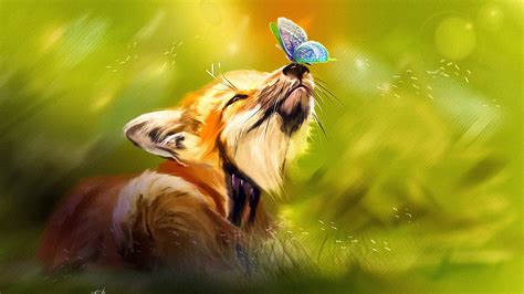 Download Wallpaper 3840x2160 Fox Butterfly Cute Animal