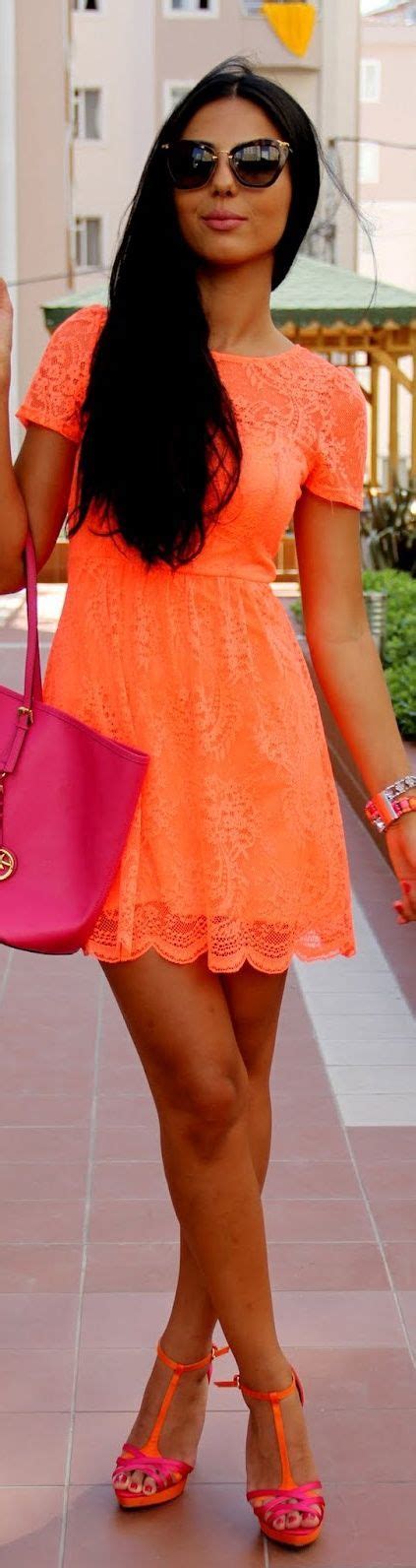 Bright Orange And Pink Summer Combination Love The Lace Dress And Sandals Creative Designs