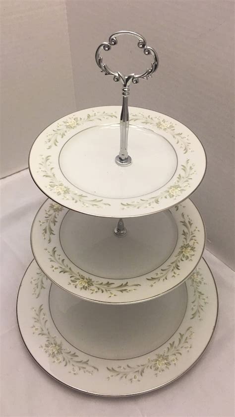 Three Tiered China Cake Plate Stand Green And Cream Flowers