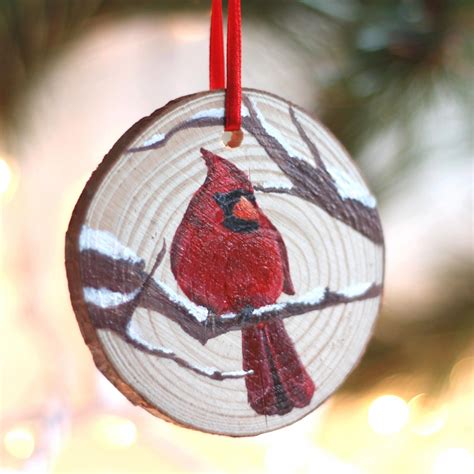 Cardinal Christmas Ornament hand painted wood slice | Etsy | Wood