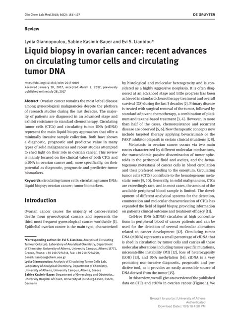 Pdf Liquid Biopsy In Ovarian Cancer Recent Advances On Circulating