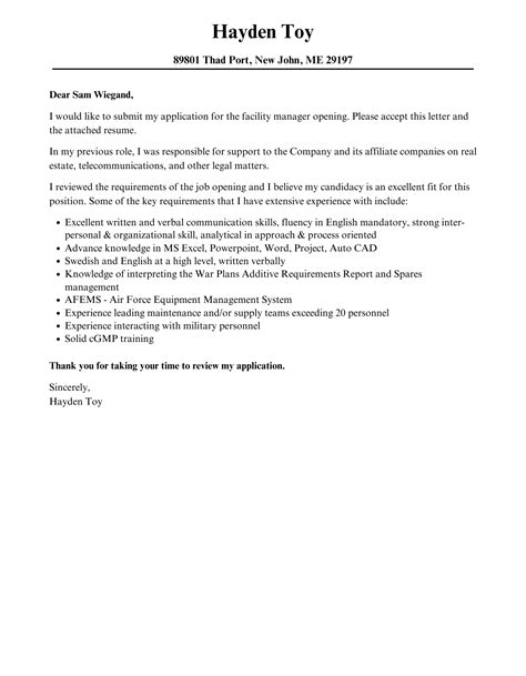 Facility Manager Cover Letter Velvet Jobs