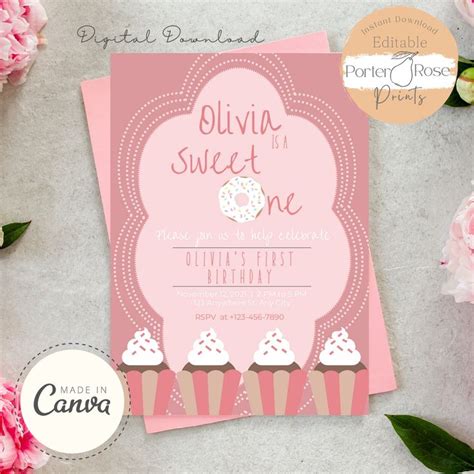Editable Donut First Birthday Invitation Shes A Sweet Etsy In 2022