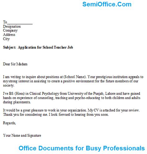 Example of job application letter for teacher. Application for School Teacher Job Free Samples