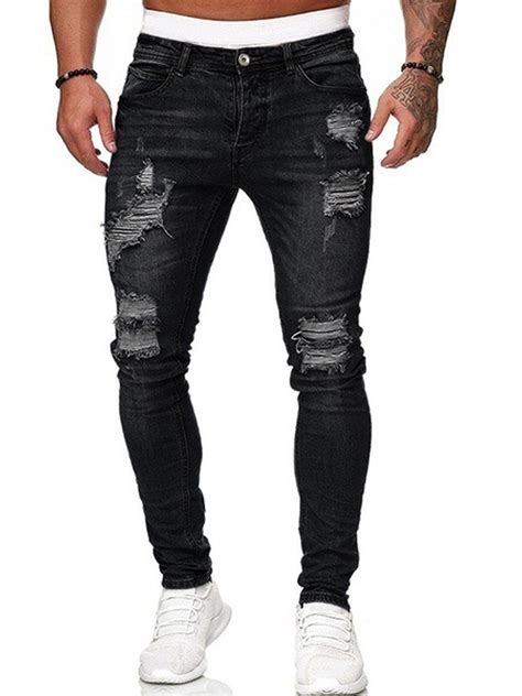 Business Industrial Men Ripped Jeans Pants Slim Fit Ripped Destroyed Hip Hop Work Trousers