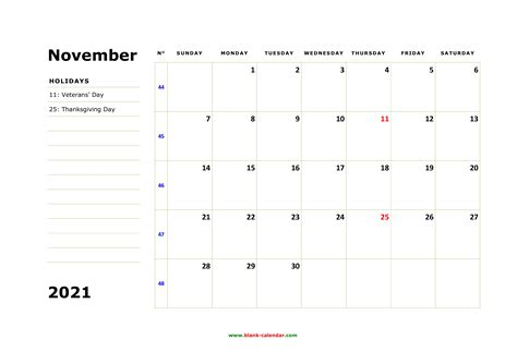 Free Download Printable November 2021 Calendar Large Box Holidays