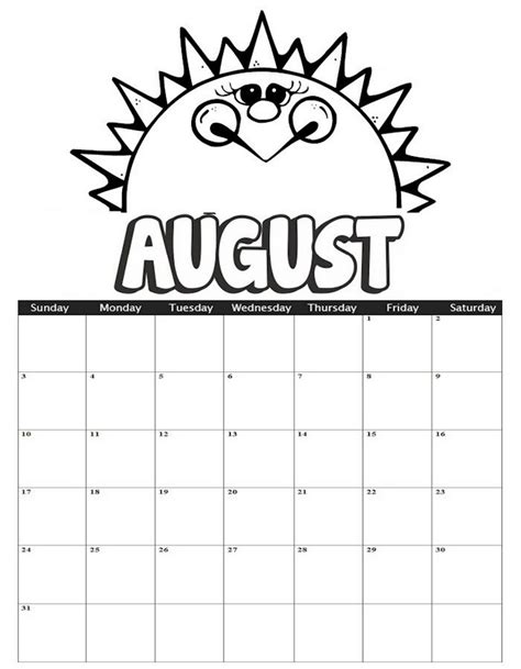 August Calendar Sunny Theme Coloring Page