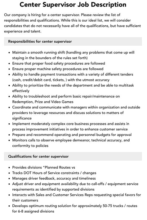 Center Supervisor Job Description Velvet Jobs