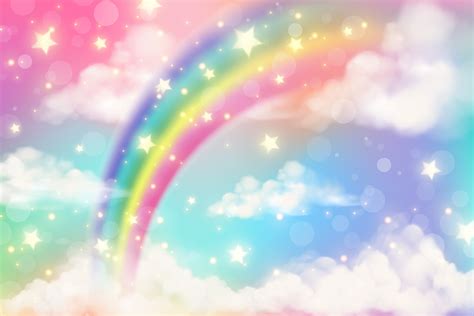 Abstract Rainbow Background With Clouds And Stars On Sky Fantasy