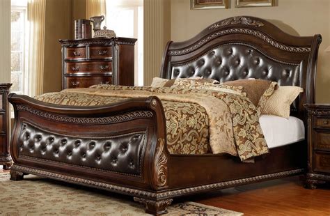 Leather Headboard Sleigh Queen Size Bed Traditional Mcferran B9588