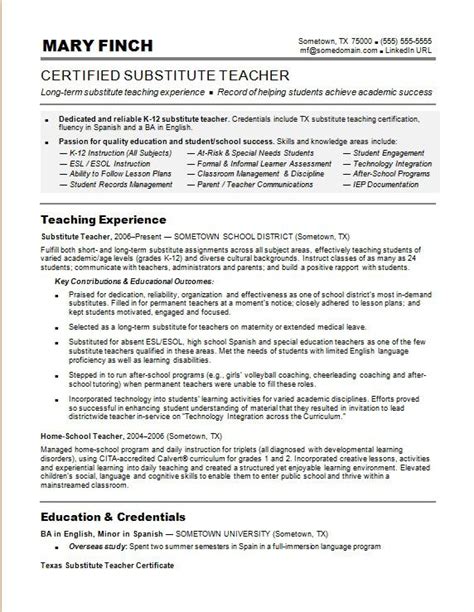 English teacher education section example. Substitute Teacher Resume Sample | Monster.com