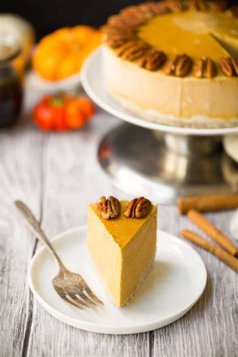 Top with whipped cream, slice, and serve! No Bake Easy Vegan Pumpkin Cheesecake | The Movement Menu