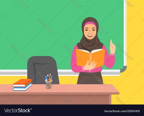 Arab Teacher Reads Book Near Blackboard In Class Vector Image