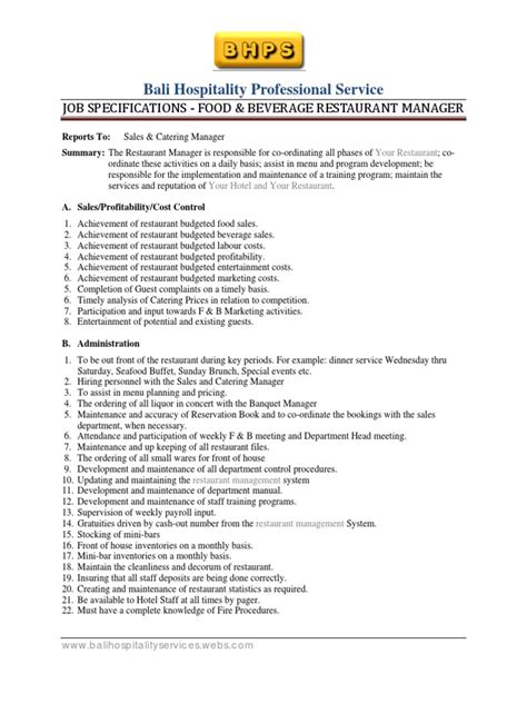 An understanding of international finance and complex financial documents also is organizational skills. F&B Restaurant Manager Job Specification Template ...