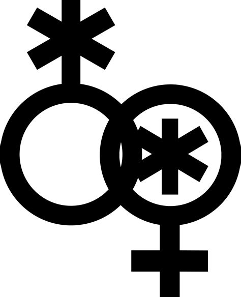 Nonbinary symbol interlocked with a nonbinary woman symbol.