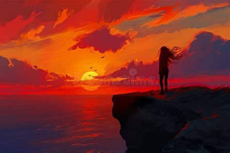 Girl Standing On A Cliff Looking Out At The Sunset With Her Hair Blowing In The Wind Stock