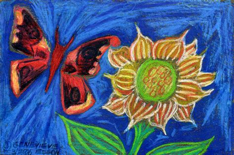 Sunflower And Red Butterfly Painting By Genevieve Esson
